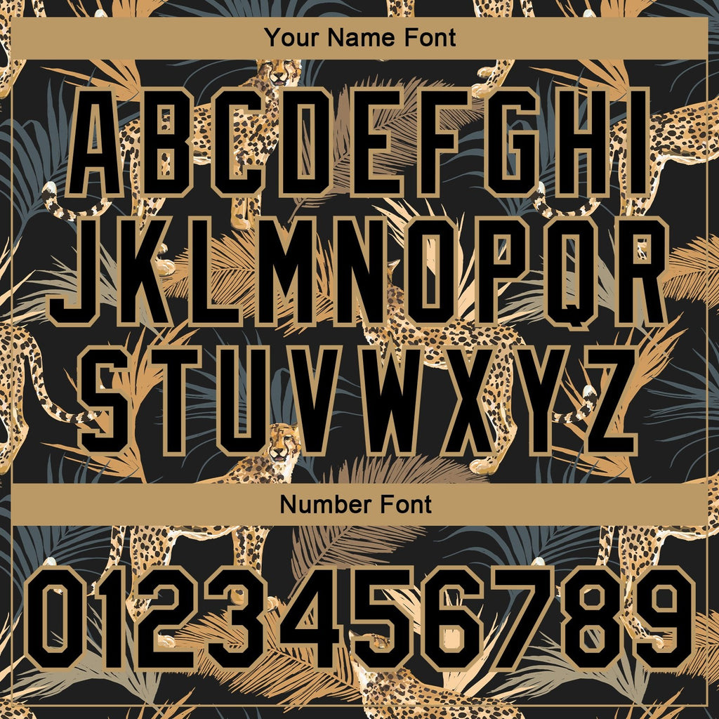 Custom Black Black-Old Gold Tropical Leopard With Palms 3D Pattern Design Bomber Full-Snap Varsity Letterman Jacket photo 7