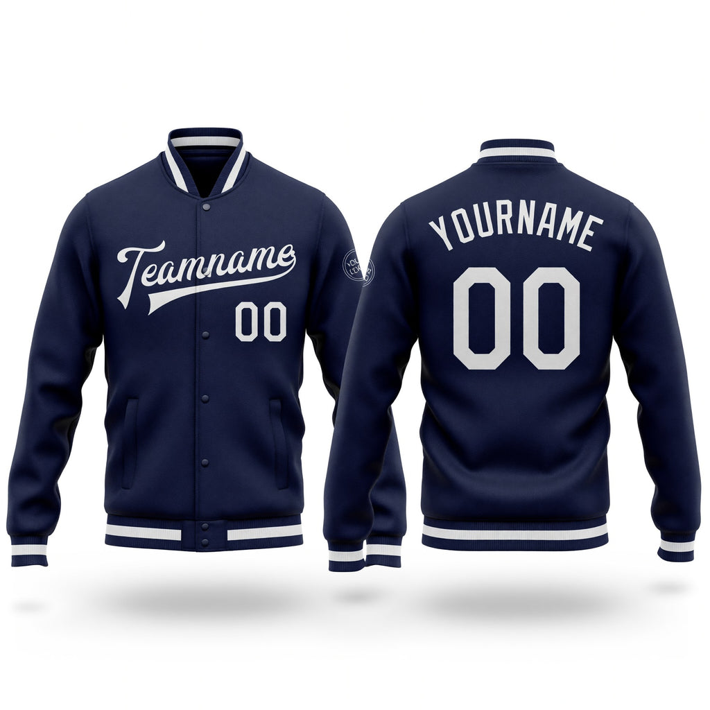 Custom Navy White Bomber Full-Snap Varsity Letterman Jacket