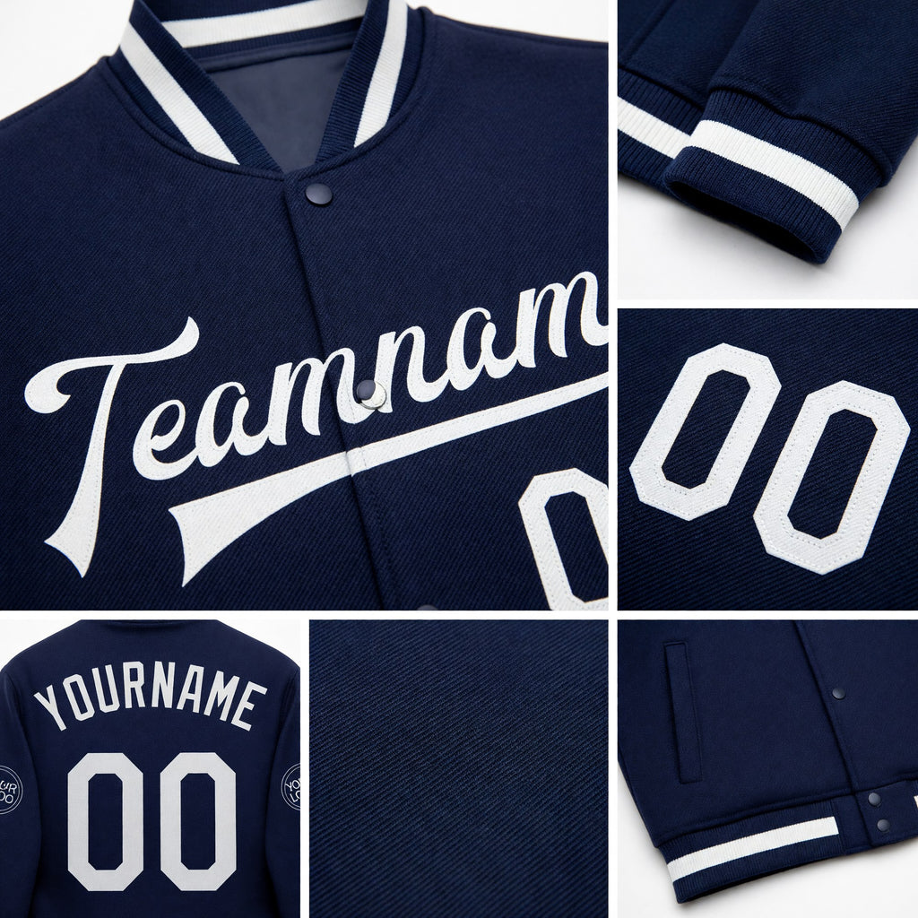 Custom Navy White Bomber Full-Snap Varsity Letterman Jacket detail