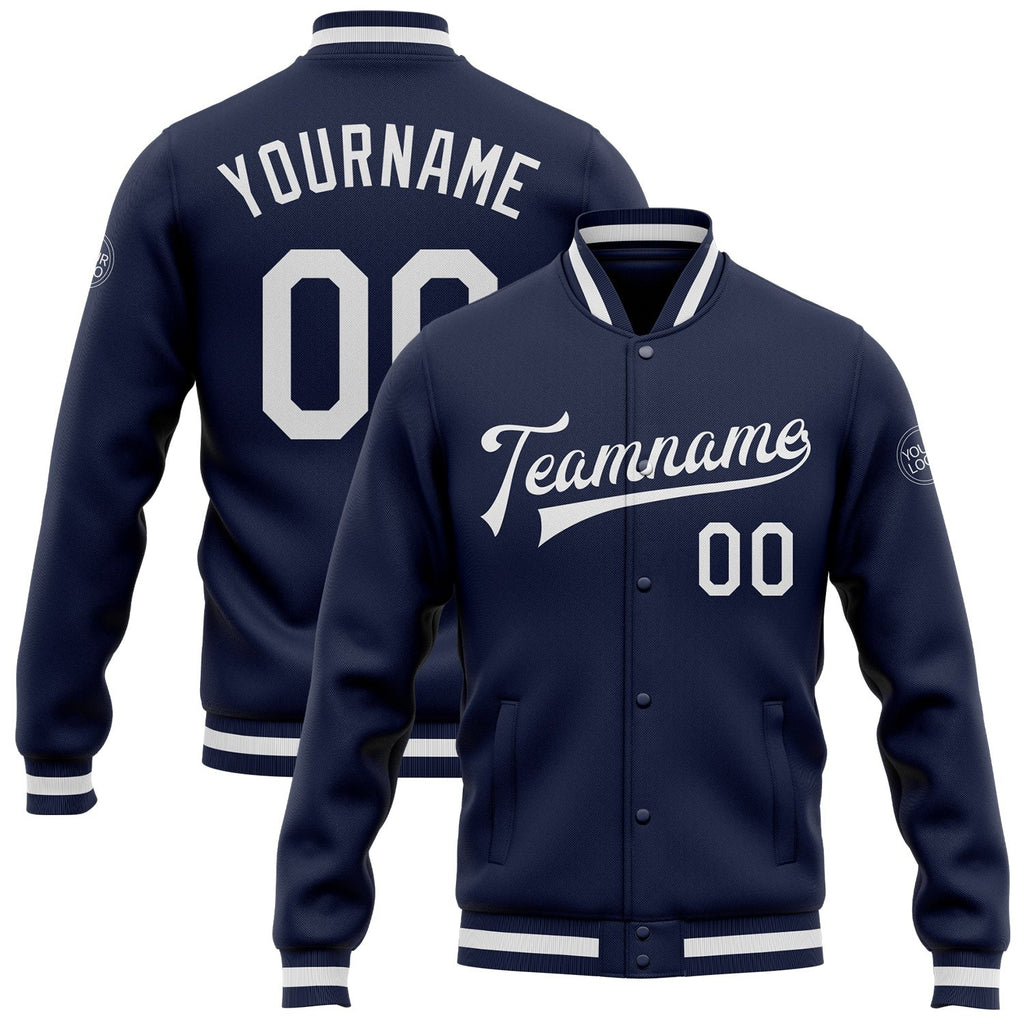 Custom Navy White Bomber Full-Snap Varsity Letterman Jacket photo 1