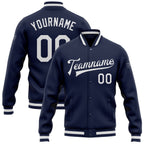 Custom Navy White Bomber Full-Snap Varsity Letterman Jacket photo 1