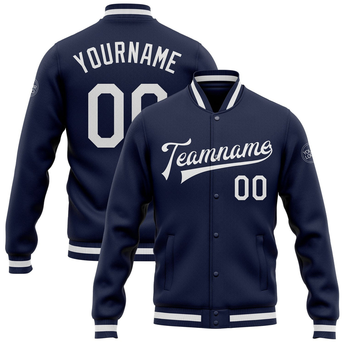 Custom Navy White Bomber Full-Snap Varsity Letterman Jacket photo 1
