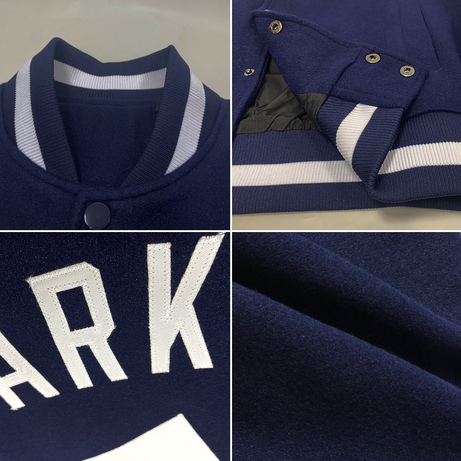 Custom Navy White Bomber Full-Snap Varsity Letterman Jacket photo 4