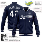 Custom Navy White Bomber Full-Snap Varsity Letterman Jacket photo 5