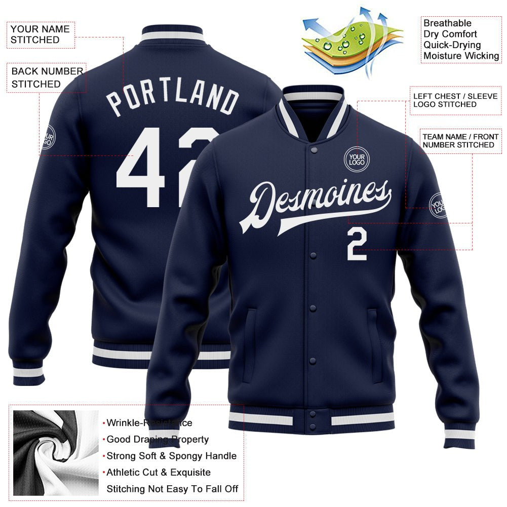 Custom Navy White Bomber Full-Snap Varsity Letterman Jacket photo 5