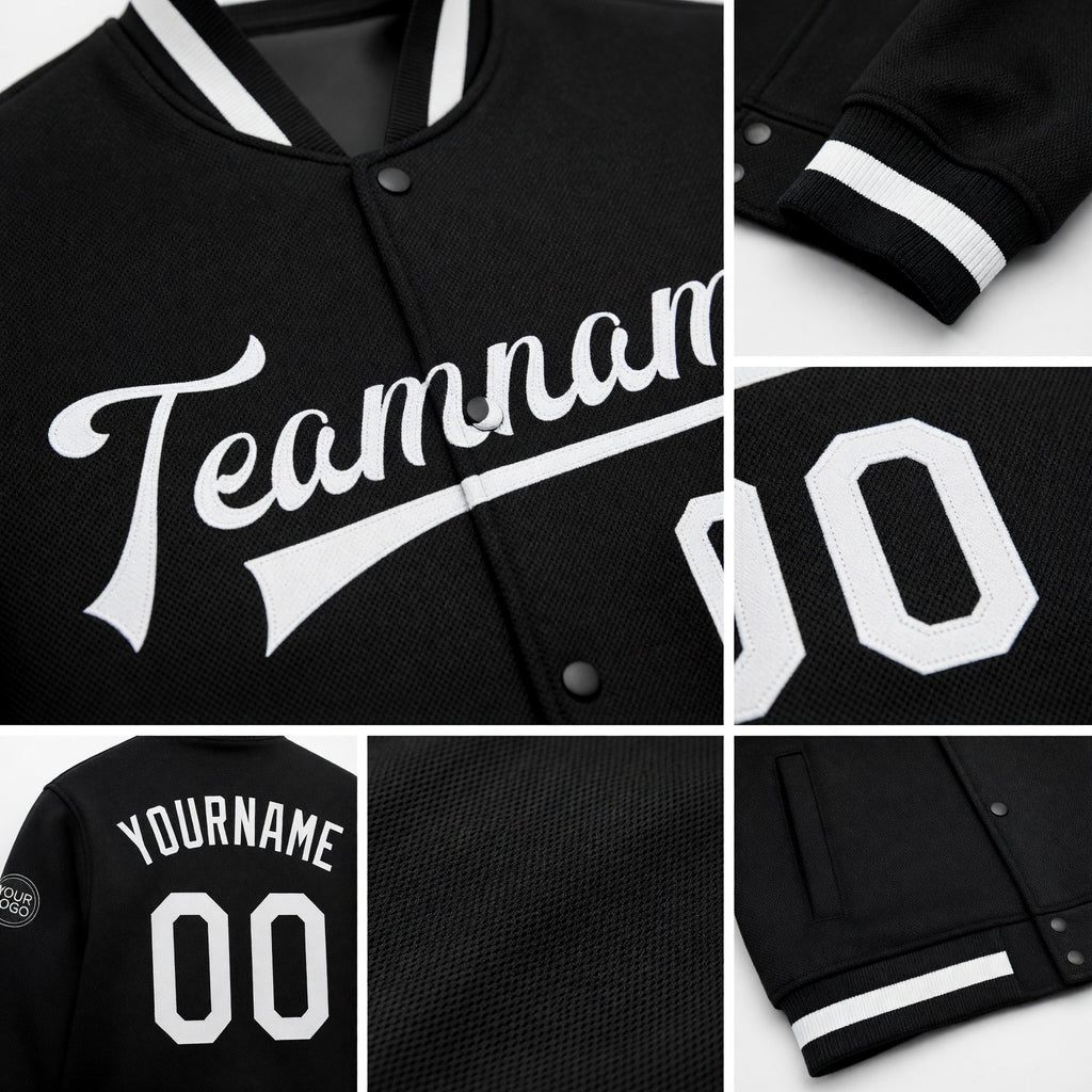 Custom Black White Bomber Full-Snap Varsity Letterman Jacket detail