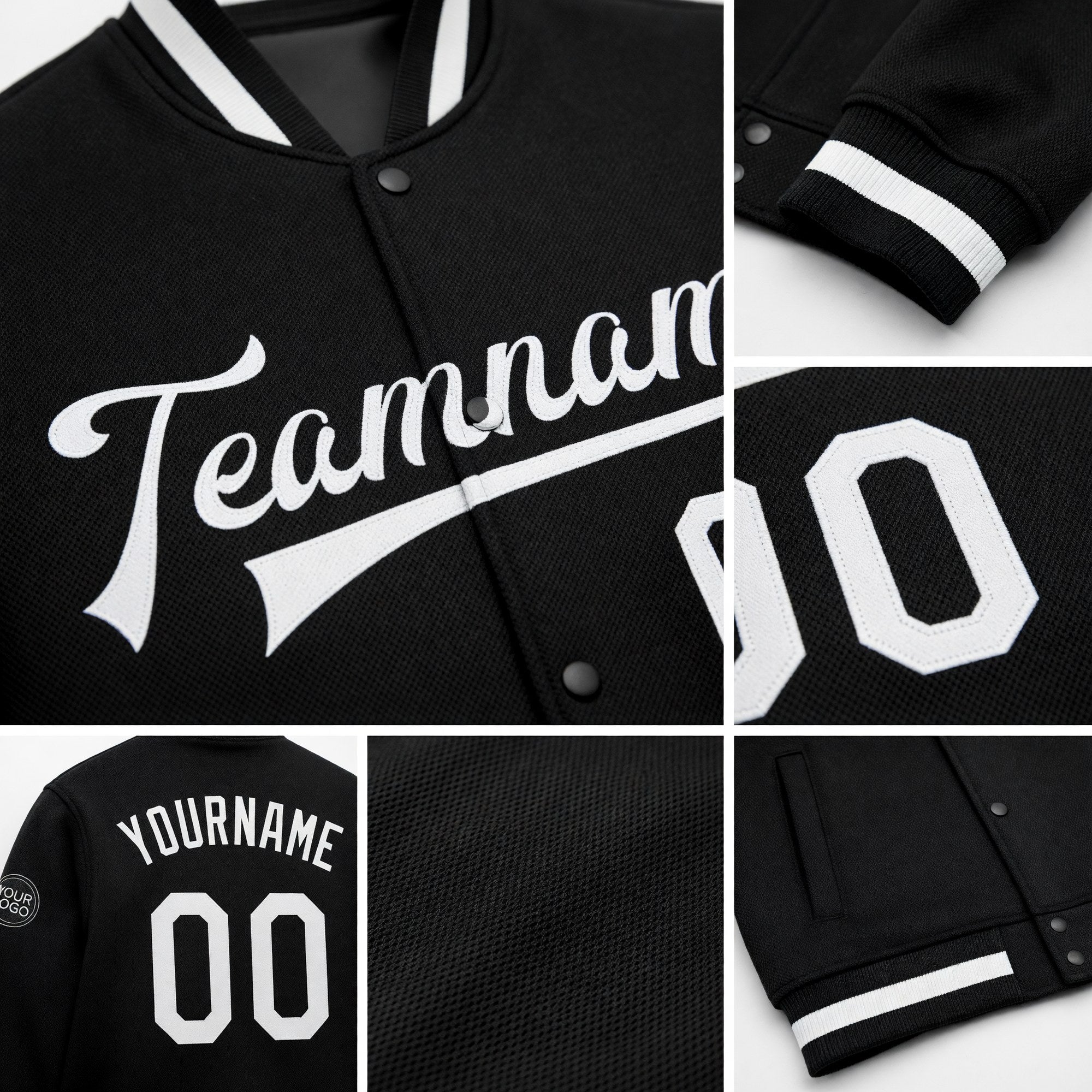 Custom Black White Bomber Full-Snap Varsity Letterman Jacket detail