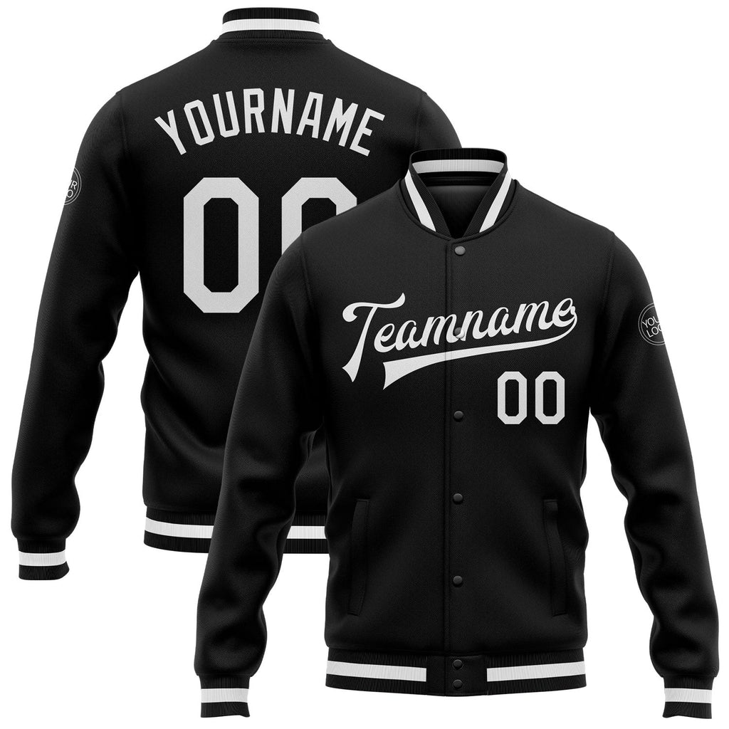 Custom Black White Bomber Full-Snap Varsity Letterman Jacket photo 1