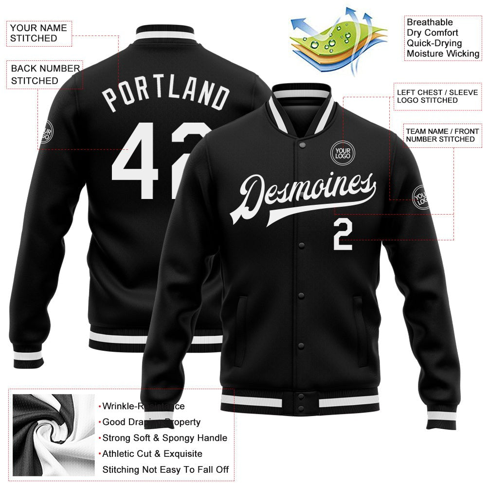 Custom Black White Bomber Full-Snap Varsity Letterman Jacket photo 5