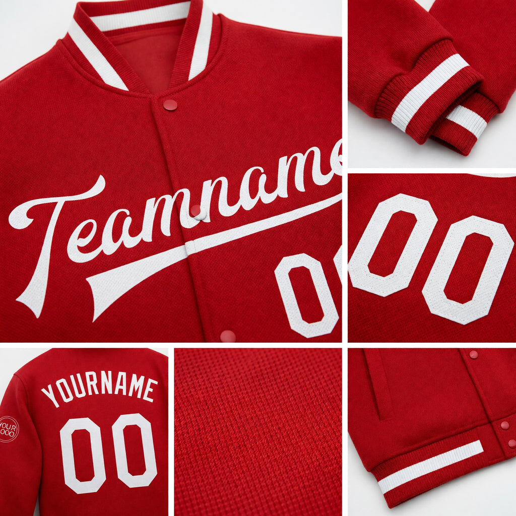Custom Red White Bomber Full-Snap Varsity Letterman Jacket detail