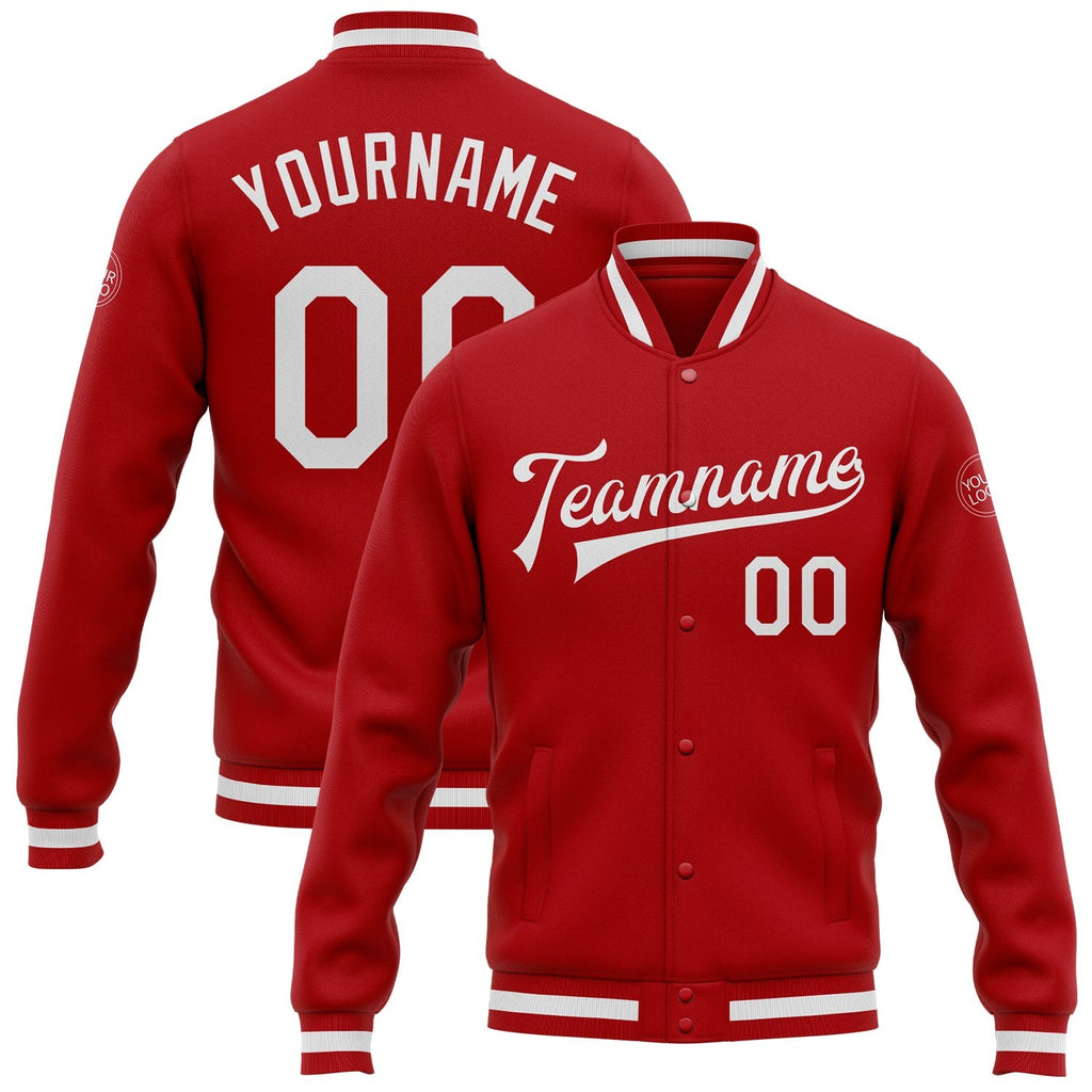 Custom Red White Bomber Full-Snap Varsity Letterman Jacket photo 1