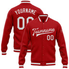 Custom Red White Bomber Full-Snap Varsity Letterman Jacket photo 1