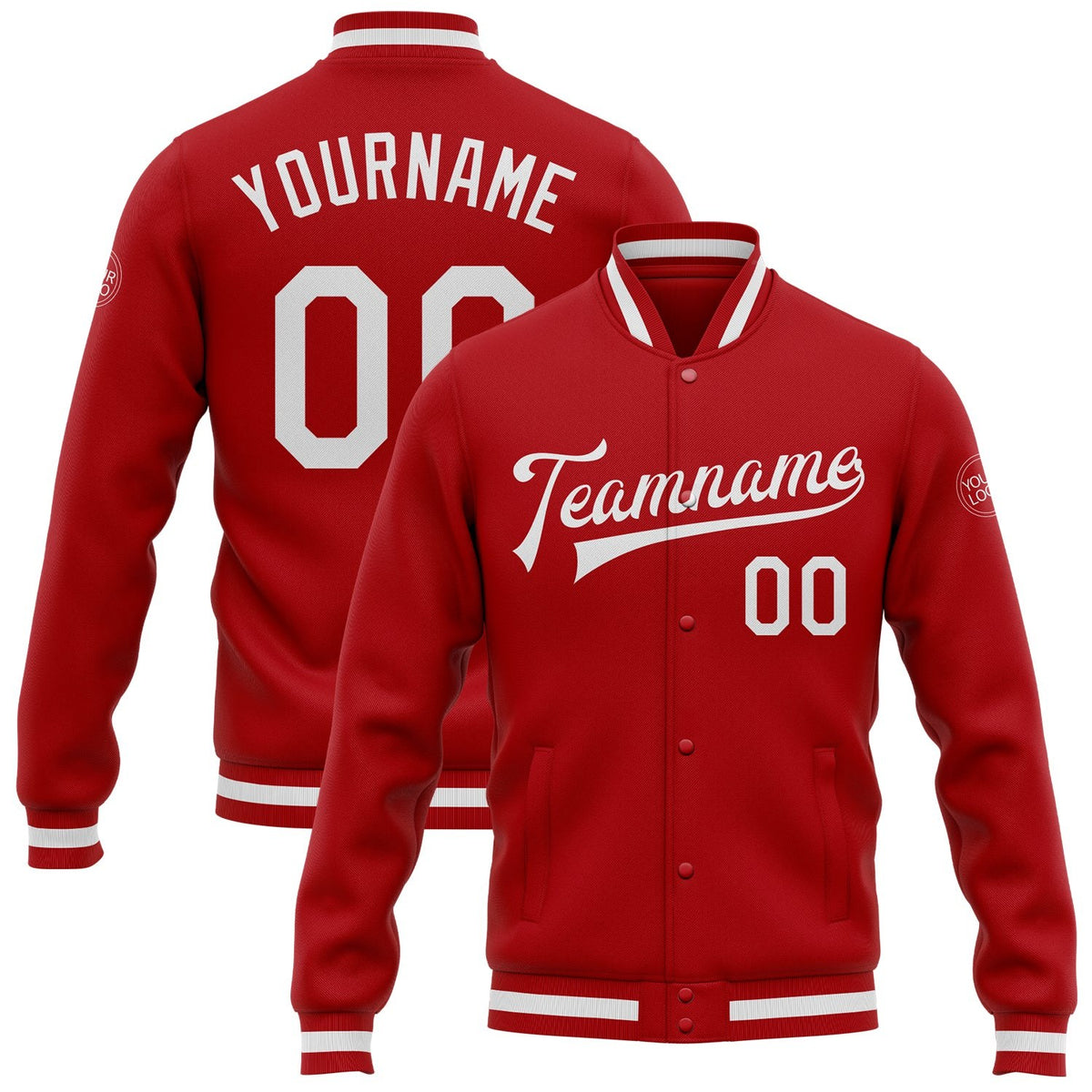 Custom Red White Bomber Full-Snap Varsity Letterman Jacket photo 1