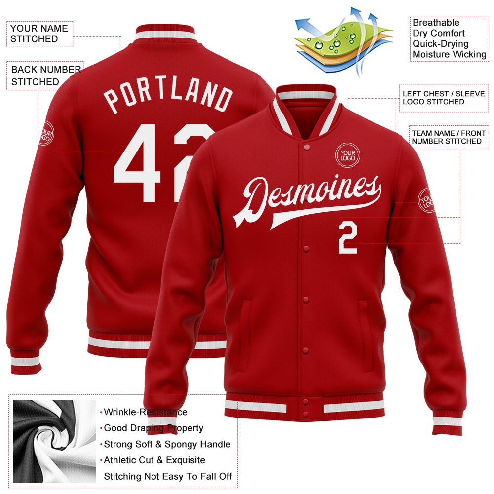 Custom Red White Bomber Full-Snap Varsity Letterman Jacket photo 5