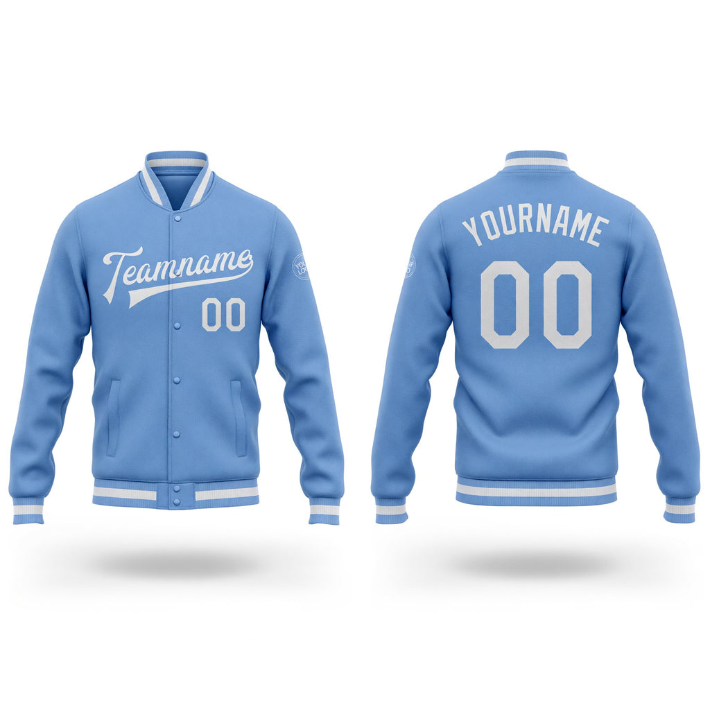 Custom Light Blue White Bomber Full-Snap Varsity Letterman Jacket