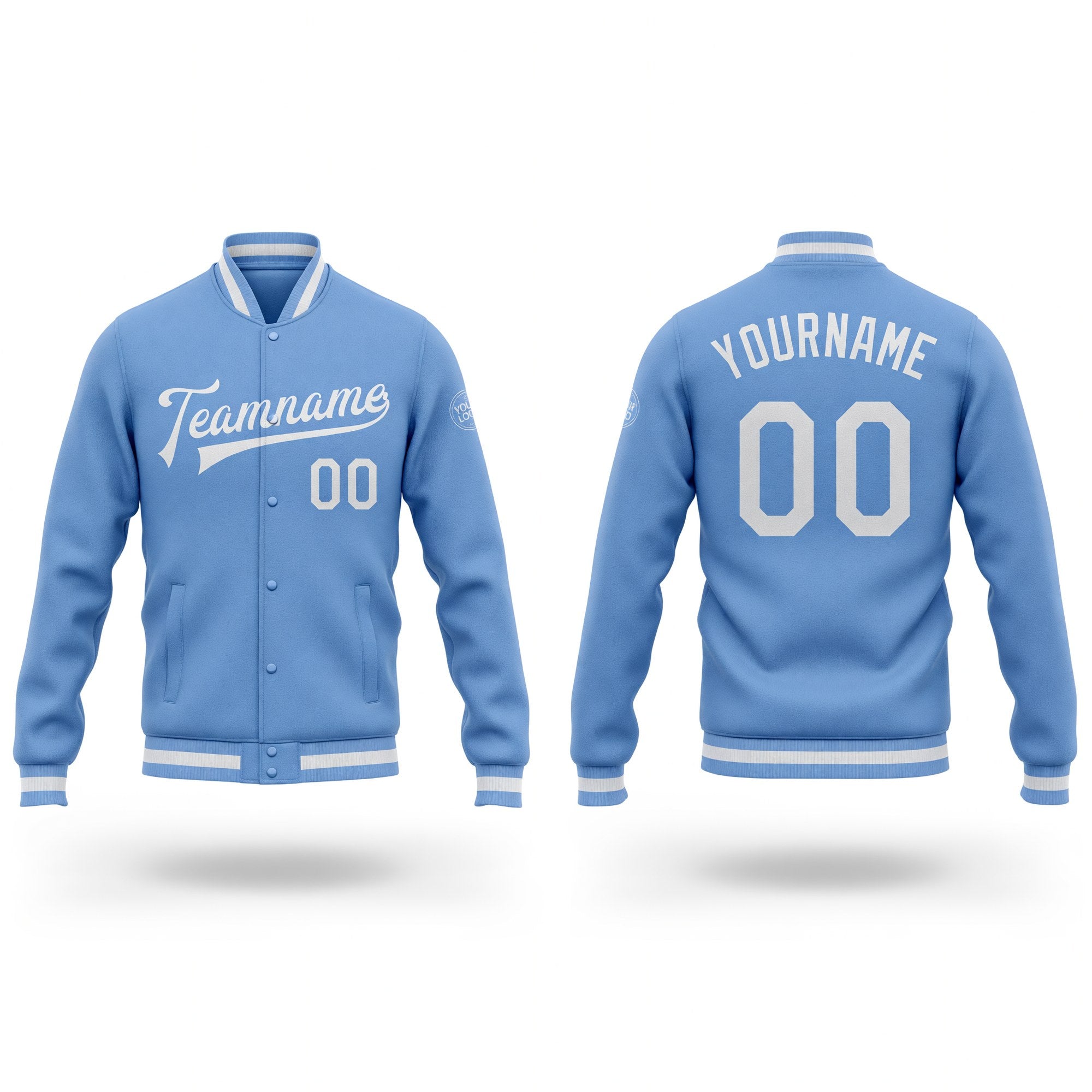 Custom Light Blue White Bomber Full-Snap Varsity Letterman Jacket
