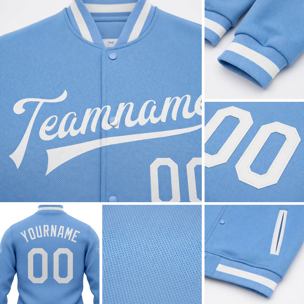 Custom Light Blue White Bomber Full-Snap Varsity Letterman Jacket detail