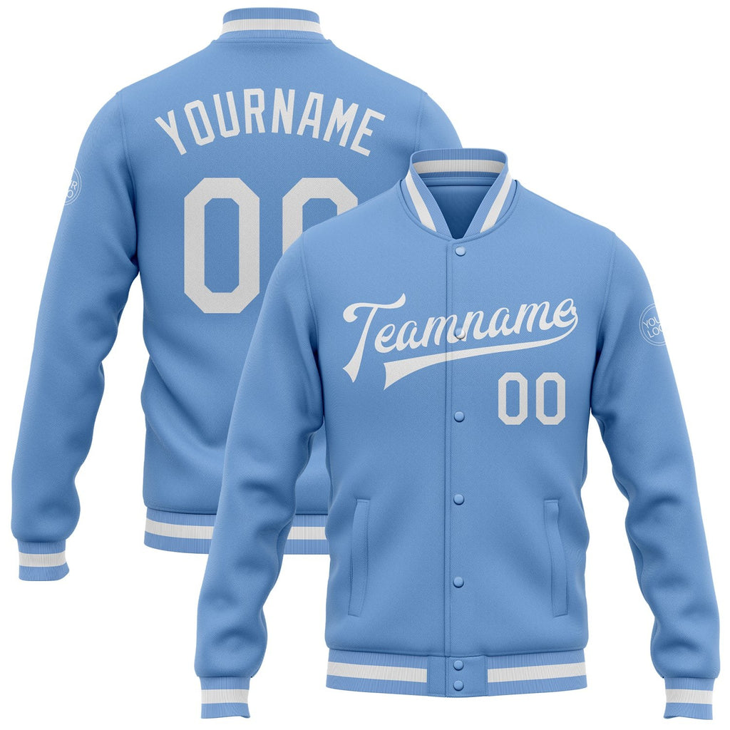 Custom Light Blue White Bomber Full-Snap Varsity Letterman Jacket photo 1