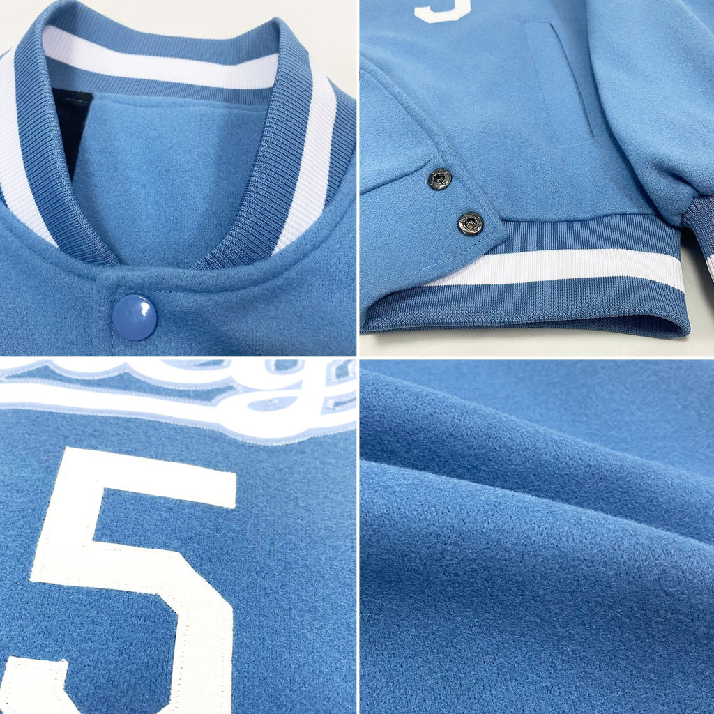 Custom Light Blue White Bomber Full-Snap Varsity Letterman Jacket photo 4