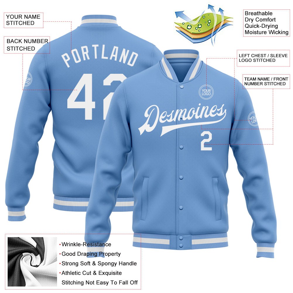 Custom Light Blue White Bomber Full-Snap Varsity Letterman Jacket photo 5