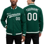 Custom Kelly Green White Bomber Full-Snap Varsity Letterman Jacket worn front and back