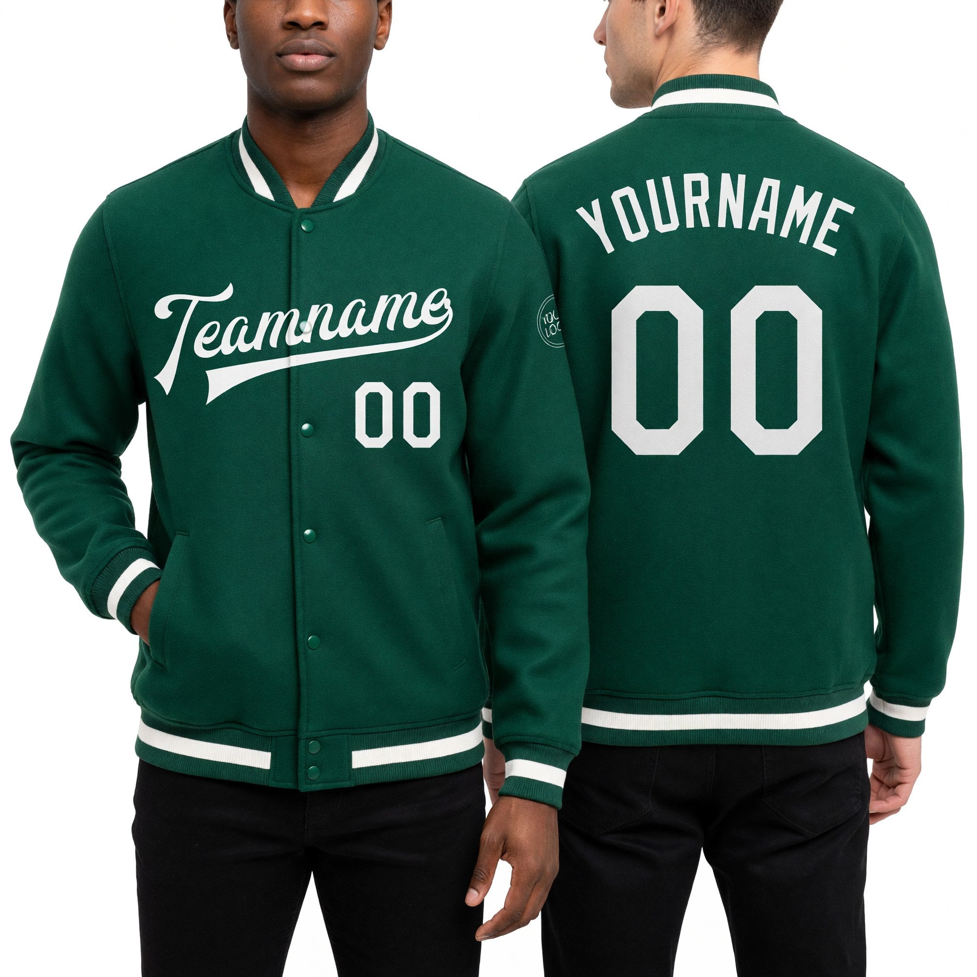 Custom Kelly Green White Bomber Full-Snap Varsity Letterman Jacket worn front and back