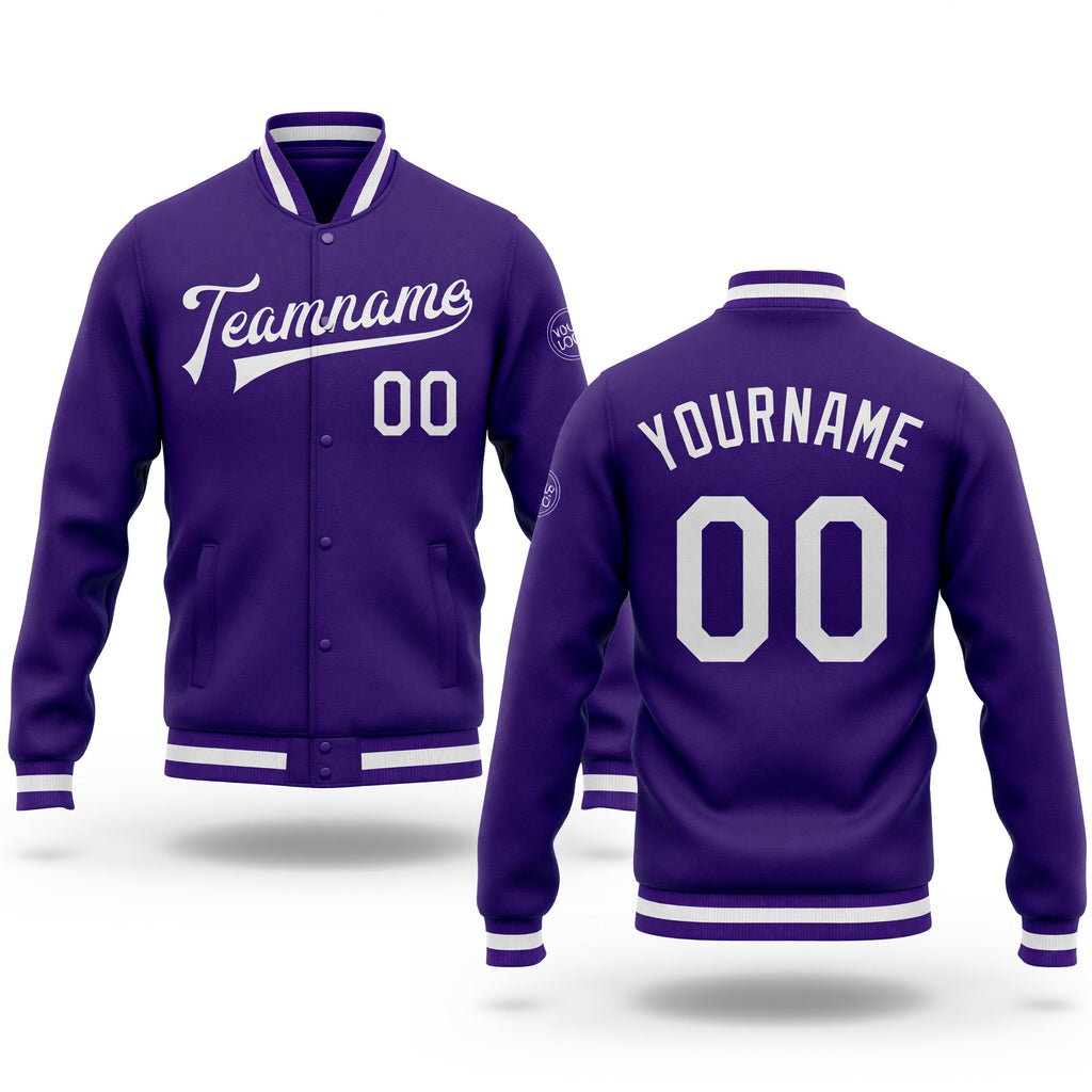 Custom Purple White Bomber Full-Snap Varsity Letterman Jacket