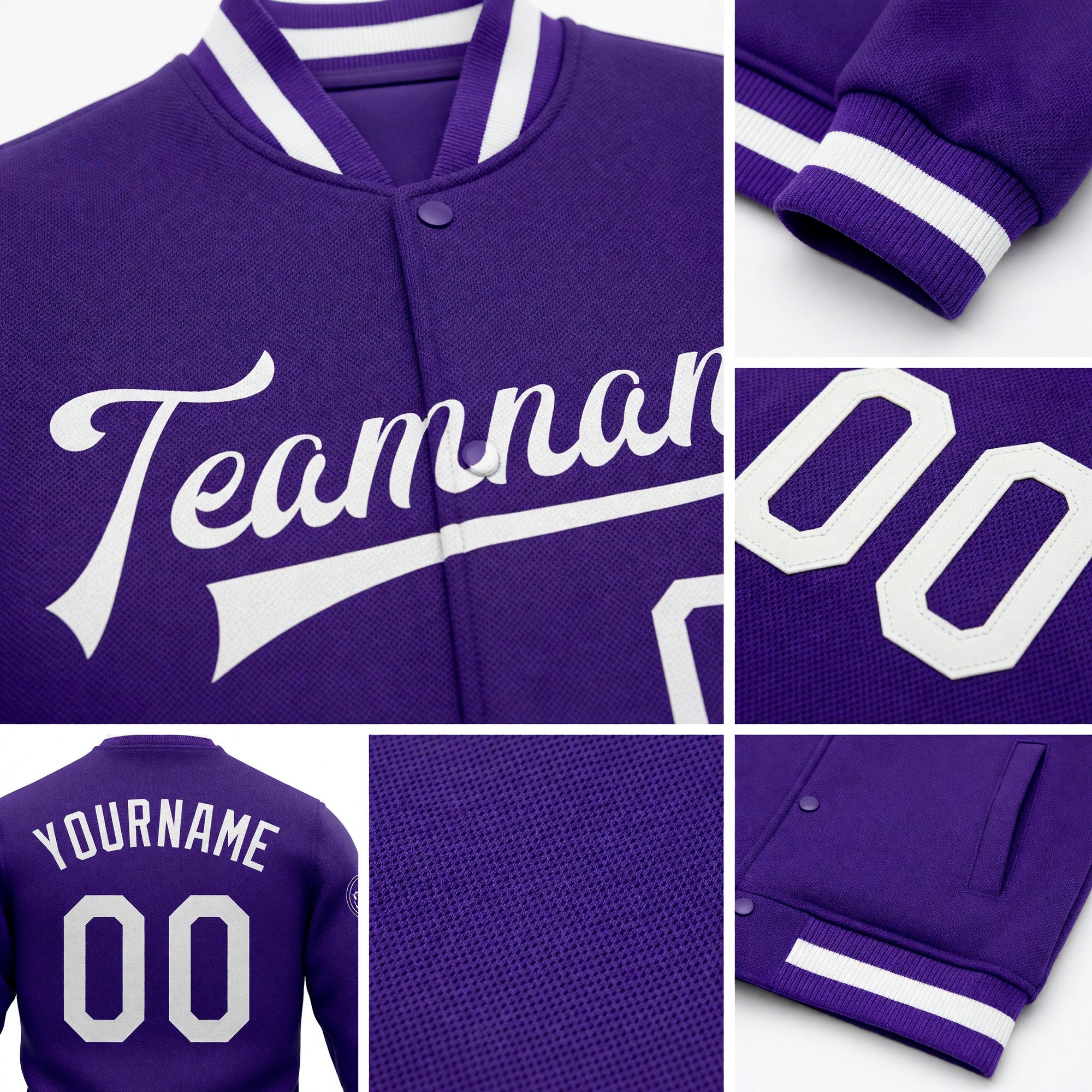 Custom Purple White Bomber Full-Snap Varsity Letterman Jacket detail