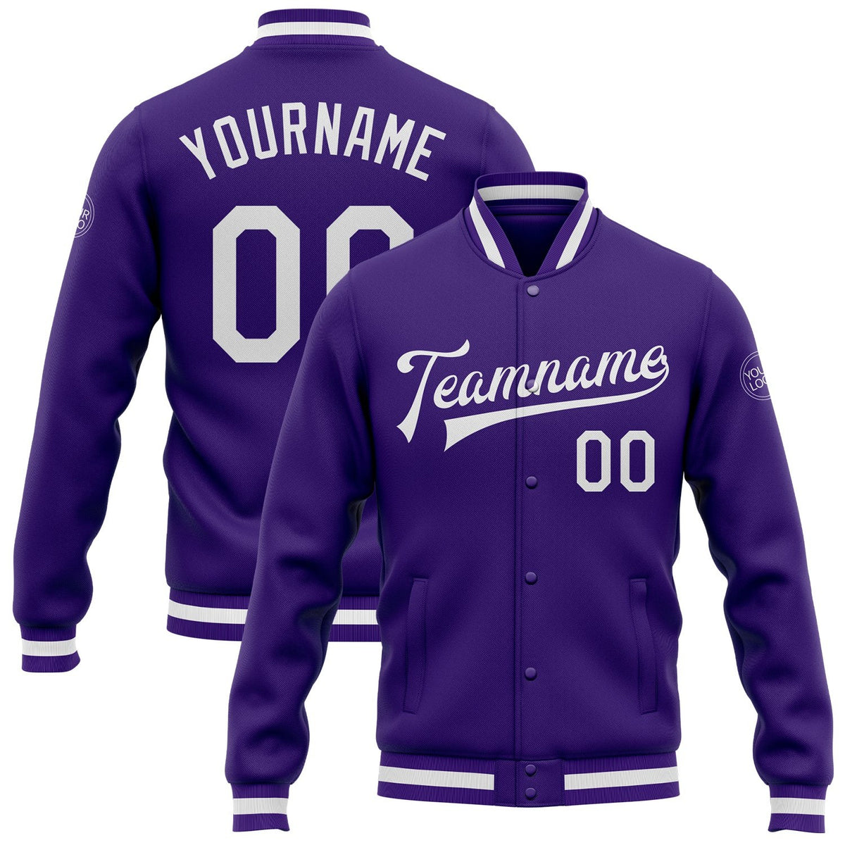 Custom Purple White Bomber Full-Snap Varsity Letterman Jacket photo 1
