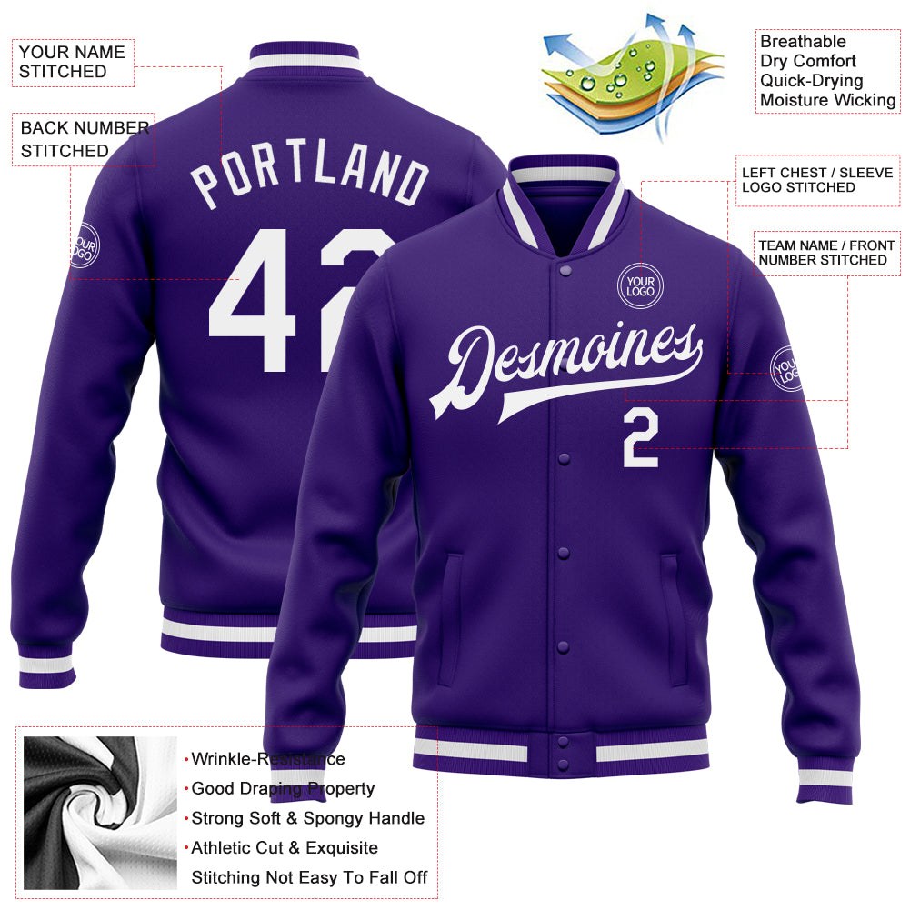 Custom Purple White Bomber Full-Snap Varsity Letterman Jacket photo 5