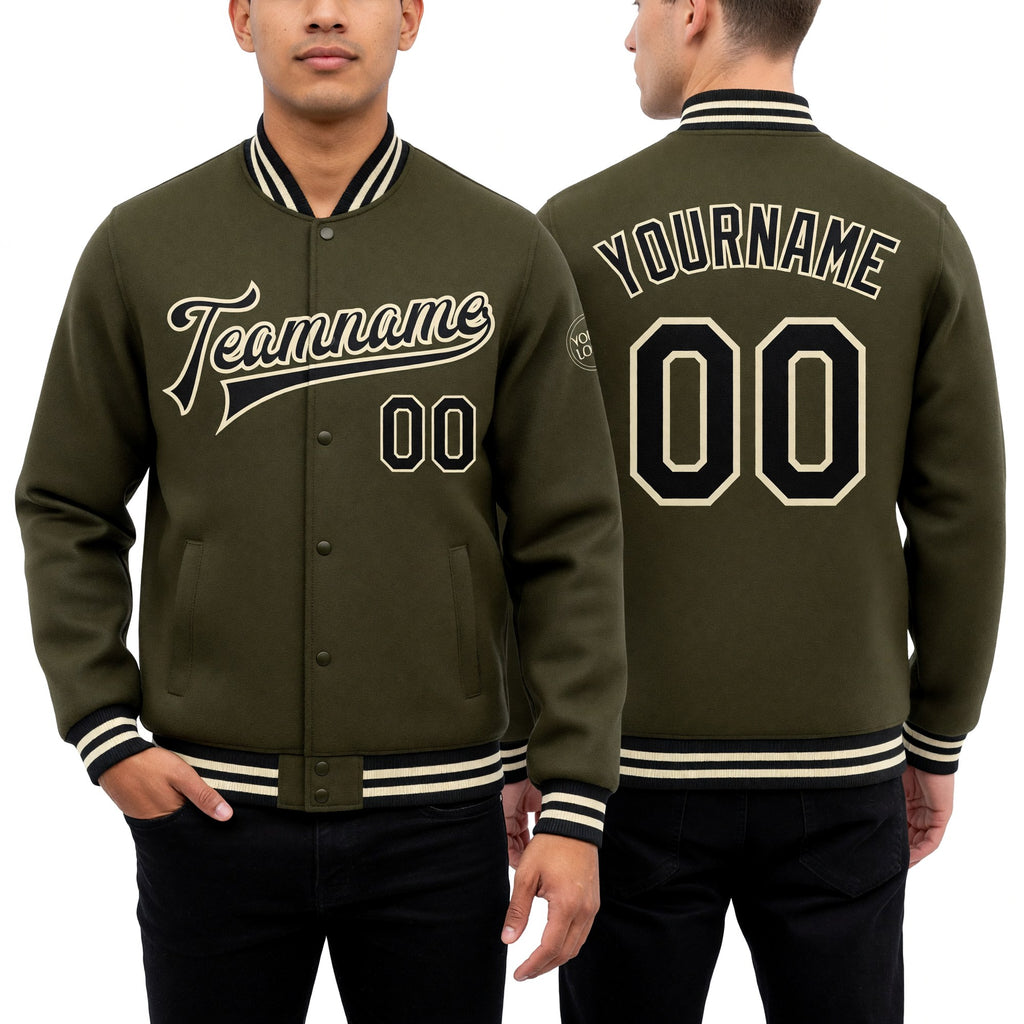 Custom Olive Black-Cream Bomber Full-Snap Varsity Letterman Salute To Service Jacket worn front and back