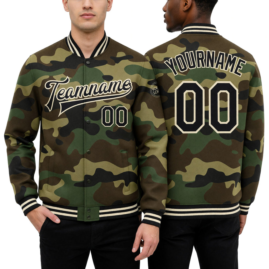 Custom Camo Black-Cream Bomber Full-Snap Varsity Letterman Salute To Service Jacket worn front and back