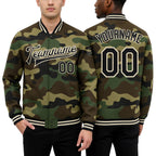 Custom Camo Black-Cream Bomber Full-Snap Varsity Letterman Salute To Service Jacket worn front and back