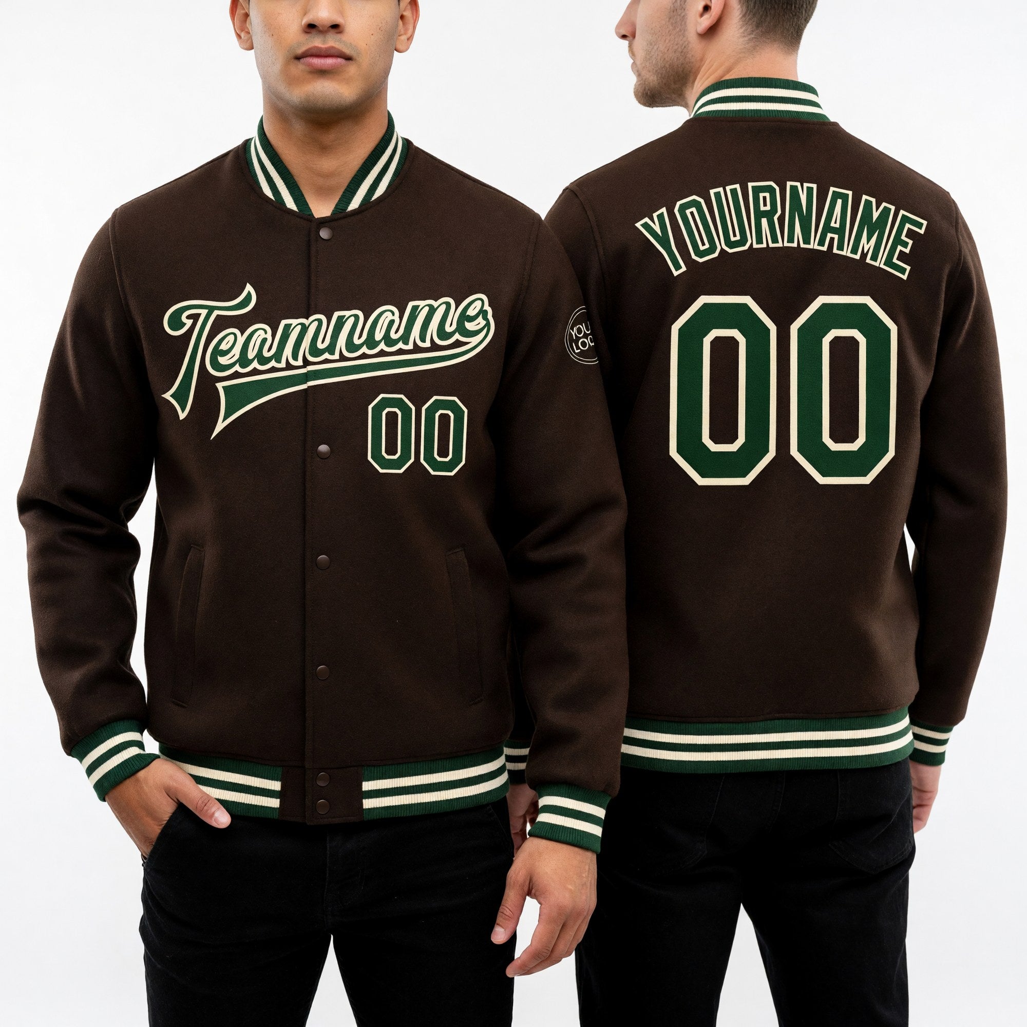 Custom Brown Green-Cream Bomber Full-Snap Varsity Letterman Jacket worn front and back