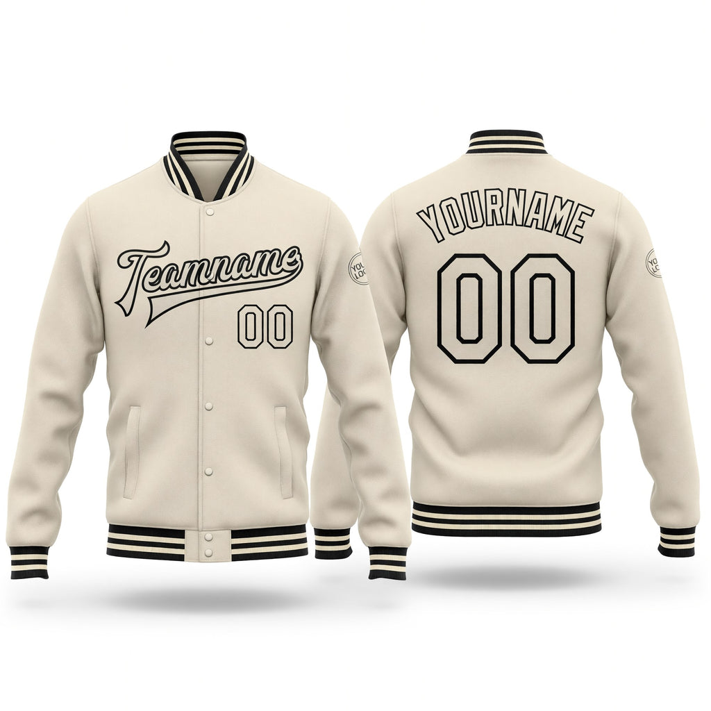 Custom Cream Cream-Black Bomber Full-Snap Varsity Letterman Jacket