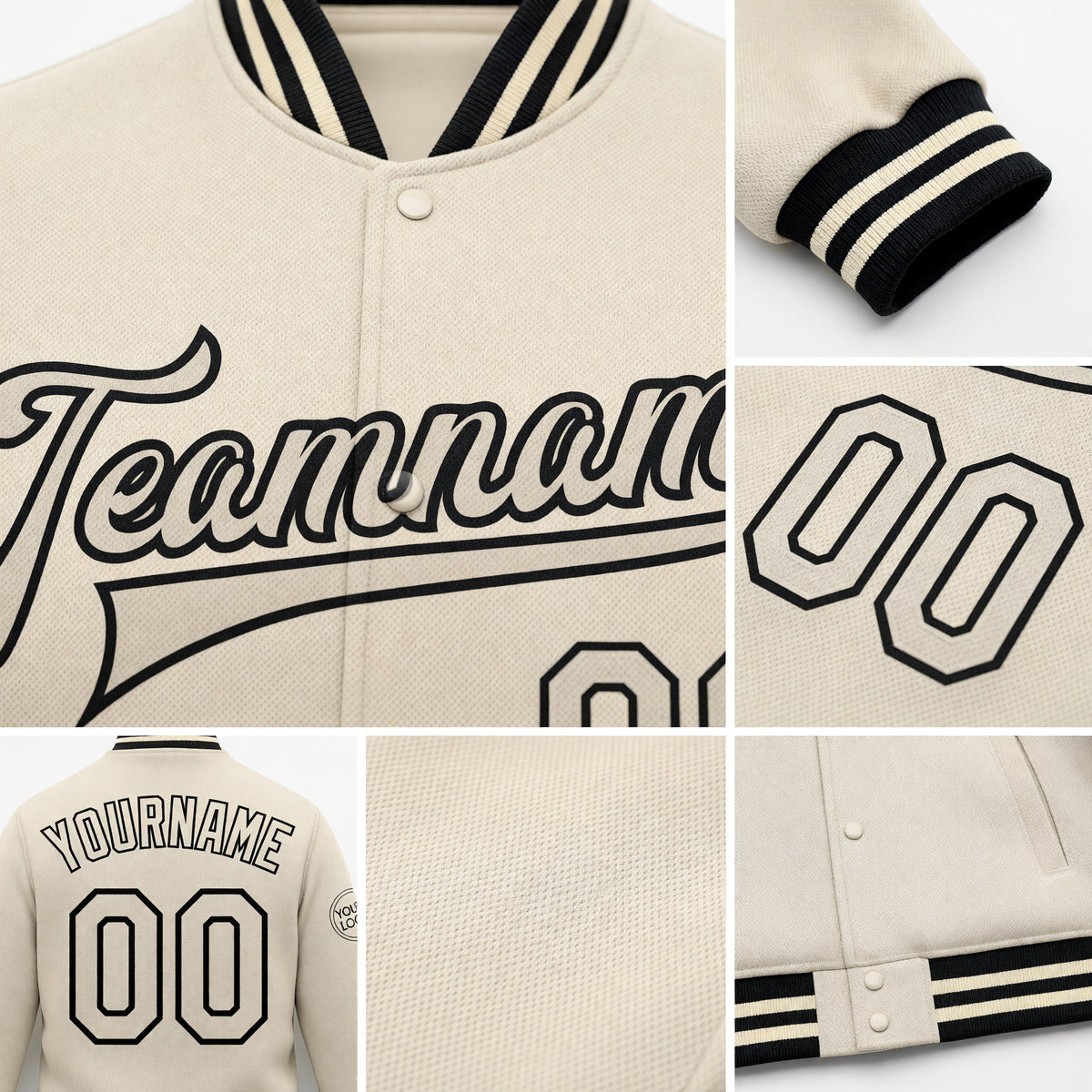 Custom Cream Cream-Black Bomber Full-Snap Varsity Letterman Jacket detail