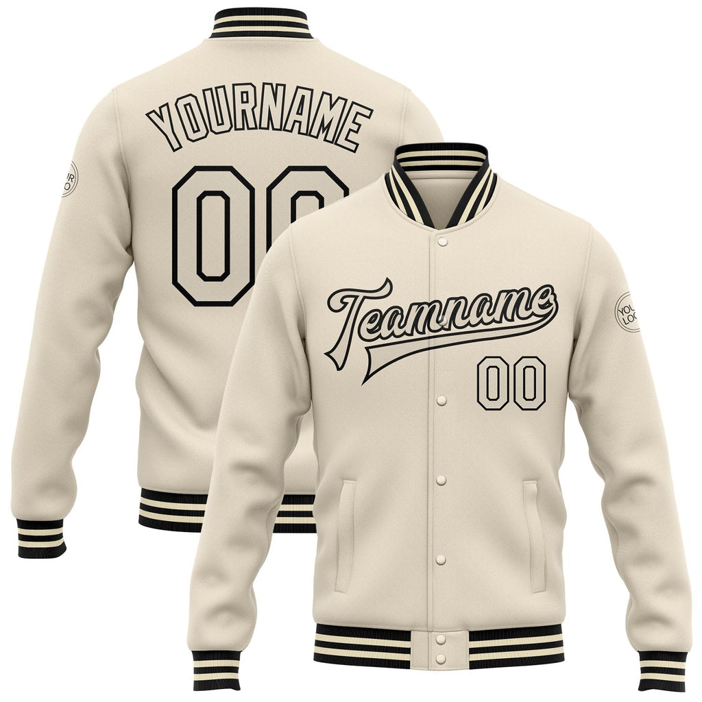 Custom Cream Cream-Black Bomber Full-Snap Varsity Letterman Jacket photo 1