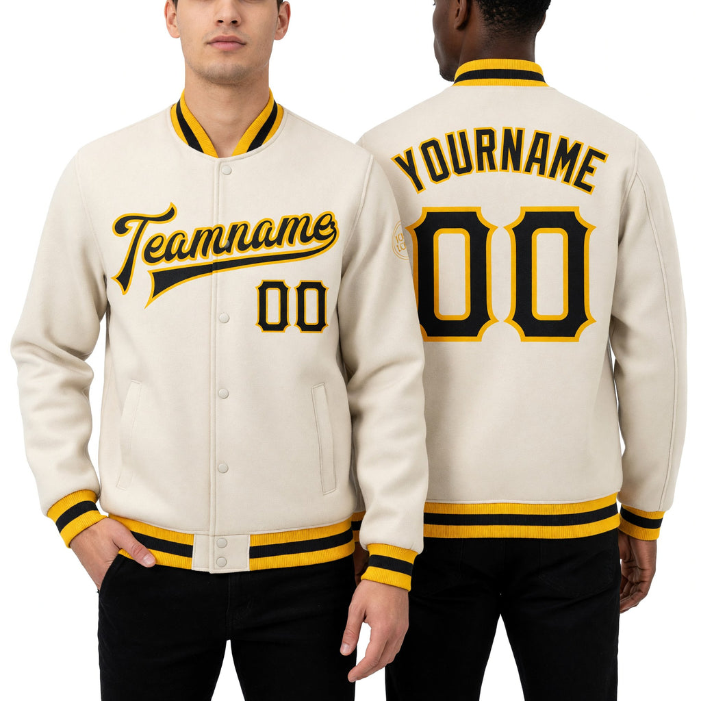 Custom Cream Black-Gold Bomber Full-Snap Varsity Letterman Jacket worn front and back
