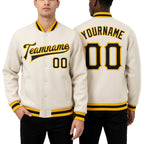 Custom Cream Black-Gold Bomber Full-Snap Varsity Letterman Jacket worn front and back