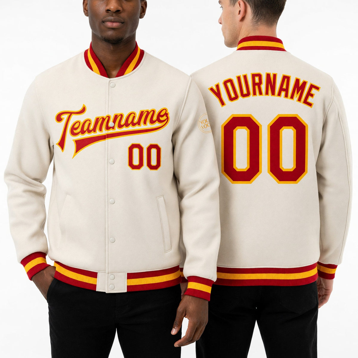 Custom Cream Red-Gold Bomber Full-Snap Varsity Letterman Jacket worn front and back