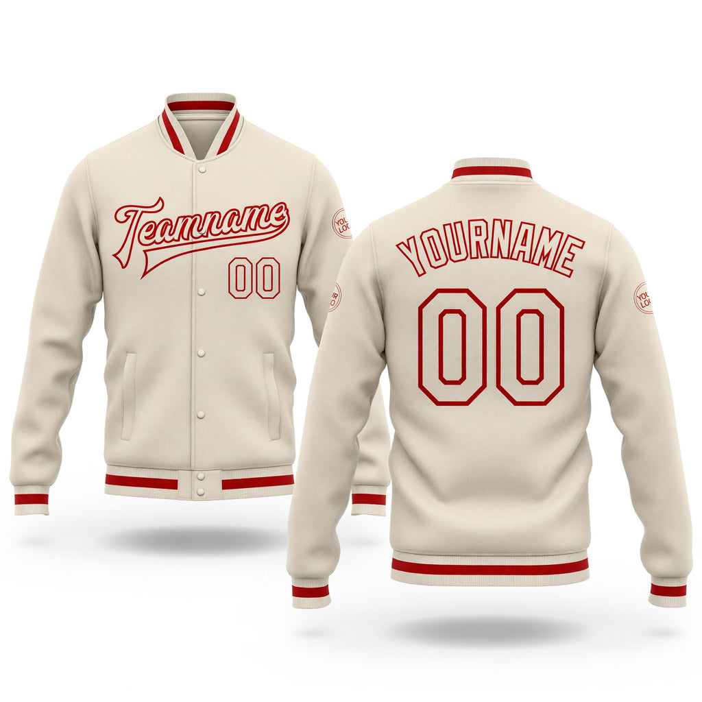 Custom Cream Cream-Red Bomber Full-Snap Varsity Letterman Jacket
