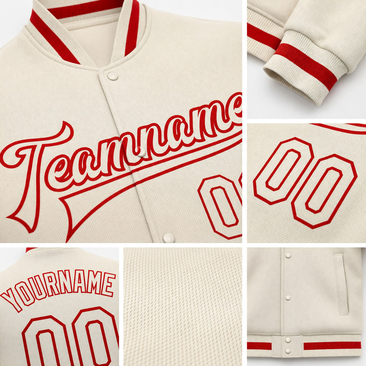 Custom Cream Cream-Red Bomber Full-Snap Varsity Letterman Jacket detail