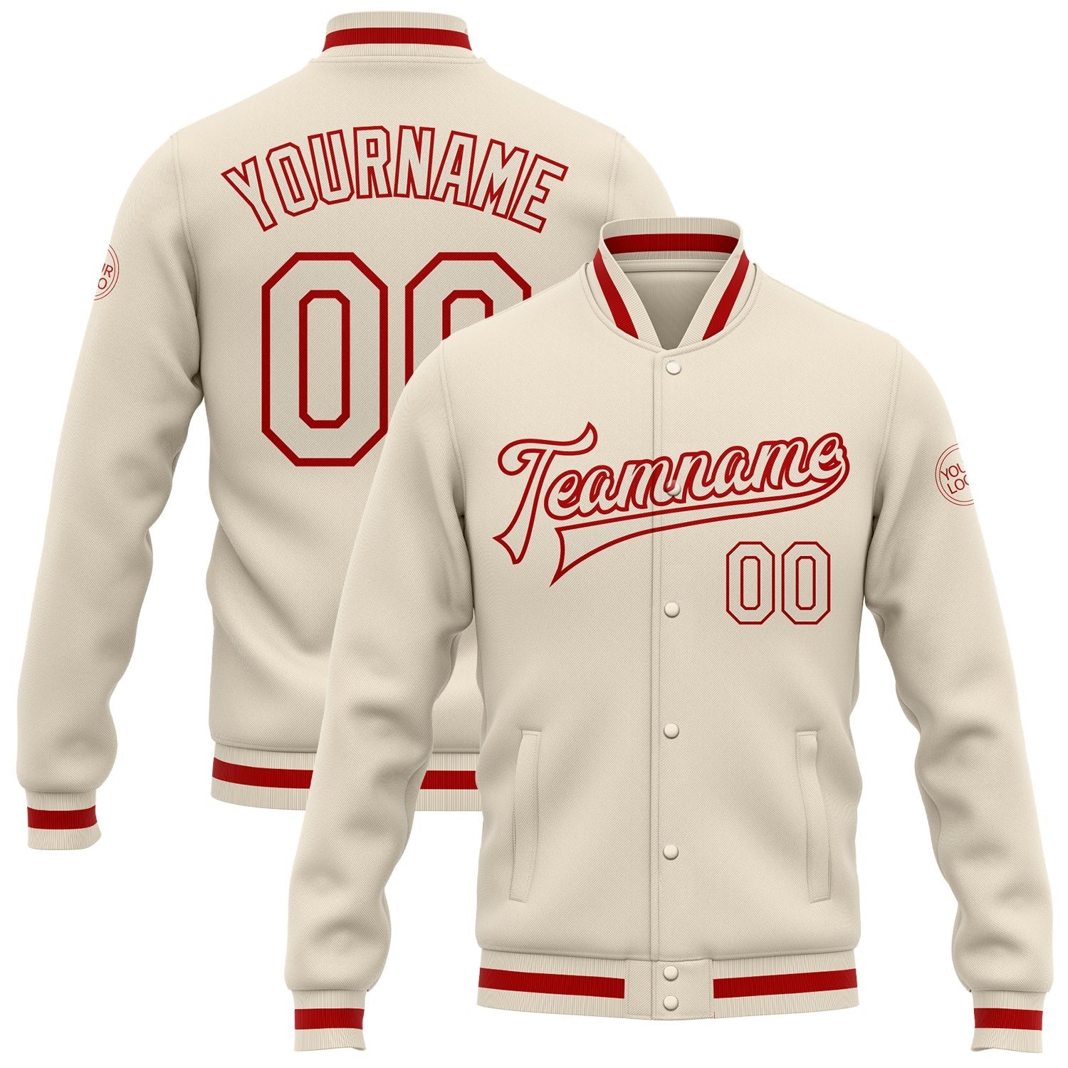 Custom Cream Cream-Red Bomber Full-Snap Varsity Letterman Jacket photo 1