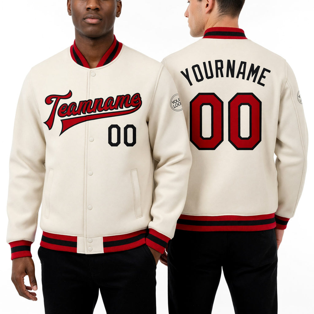 Custom Cream Red-Black Bomber Full-Snap Varsity Letterman Jacket worn front and back