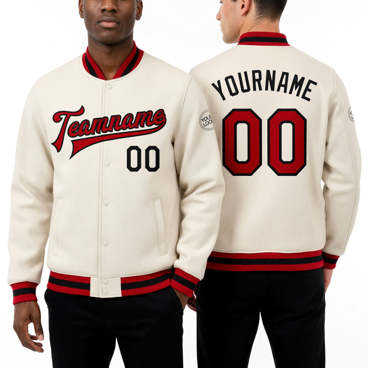 Custom Cream Red-Black Bomber Full-Snap Varsity Letterman Jacket worn front and back