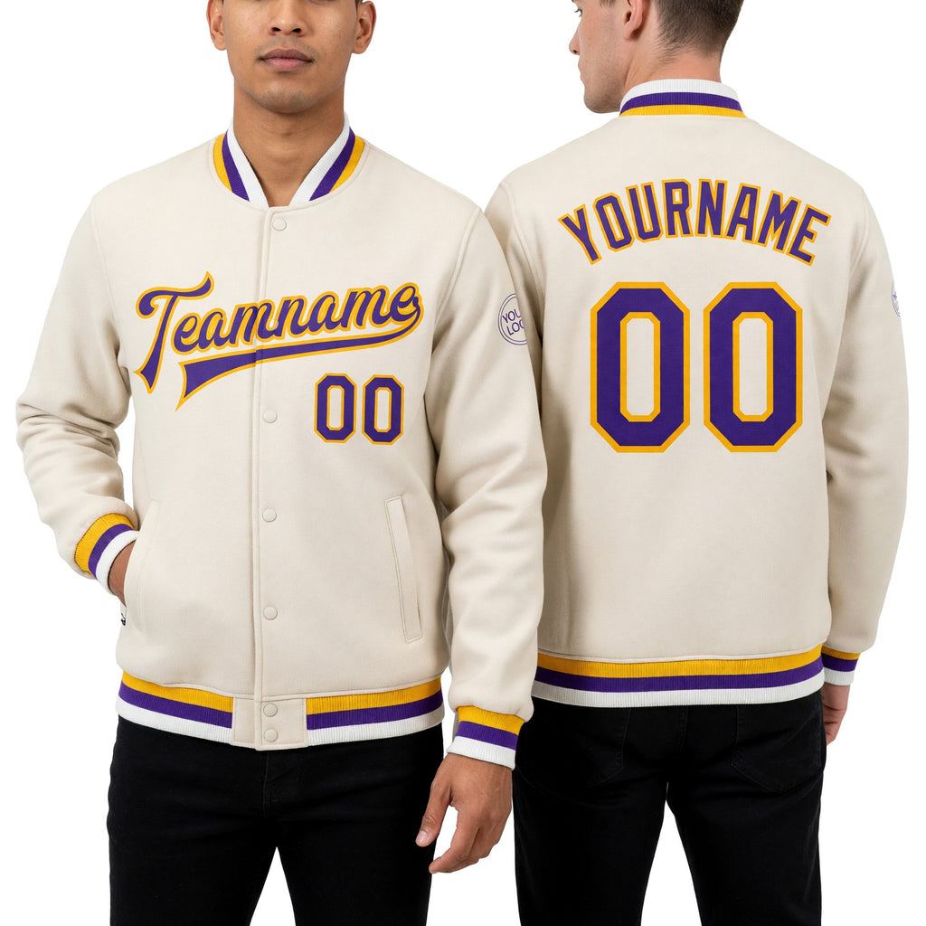 Custom Cream Purple-Gold Bomber Full-Snap Varsity Letterman Jacket worn front and back
