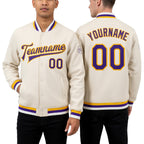 Custom Cream Purple-Gold Bomber Full-Snap Varsity Letterman Jacket worn front and back