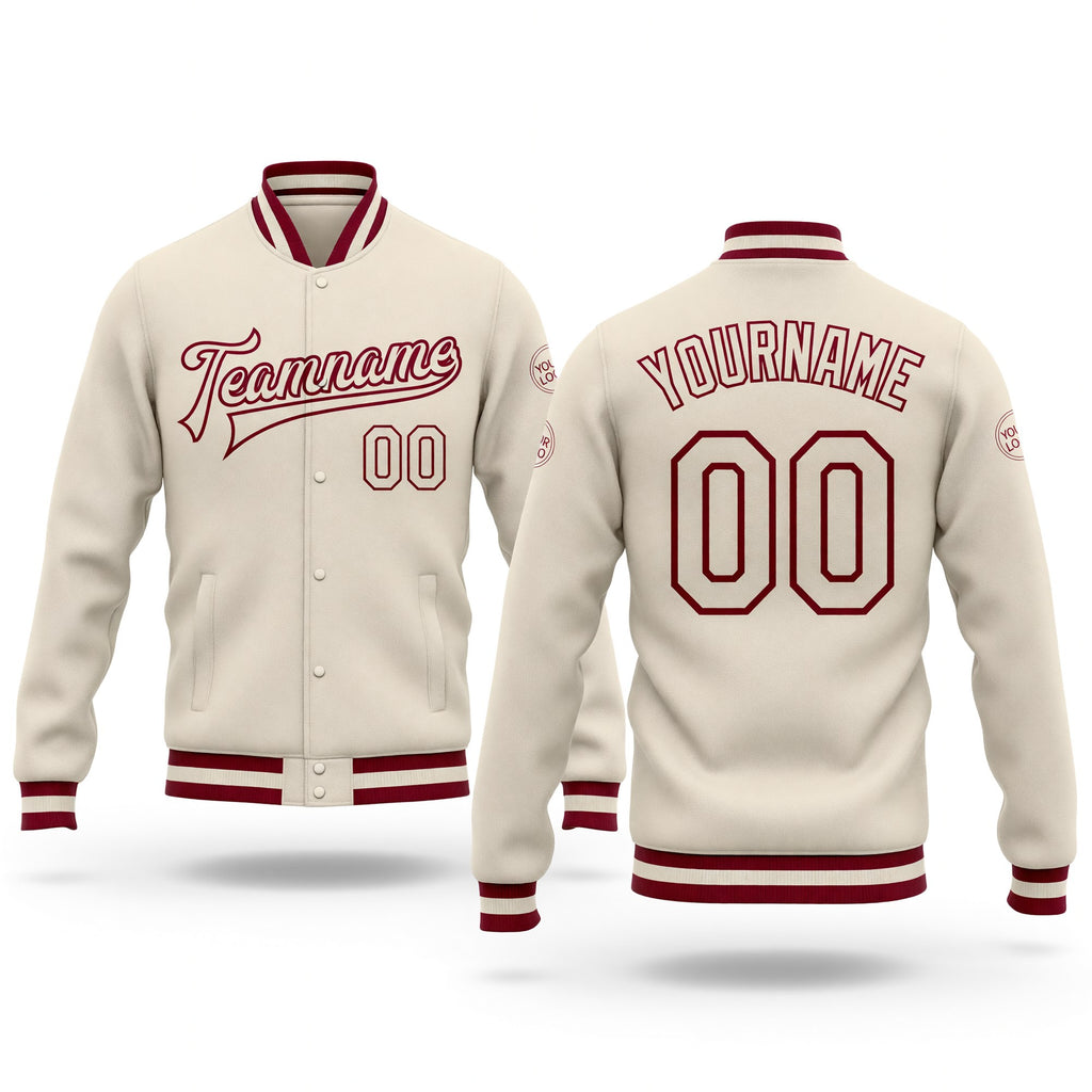 Custom Cream Cream-Maroon Bomber Full-Snap Varsity Letterman Jacket