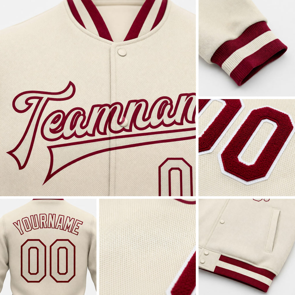 Custom Cream Cream-Maroon Bomber Full-Snap Varsity Letterman Jacket detail