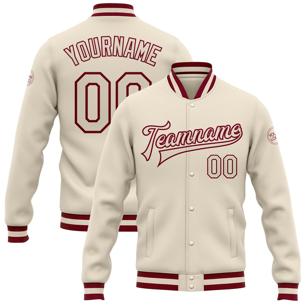 Custom Cream Cream-Maroon Bomber Full-Snap Varsity Letterman Jacket photo 1